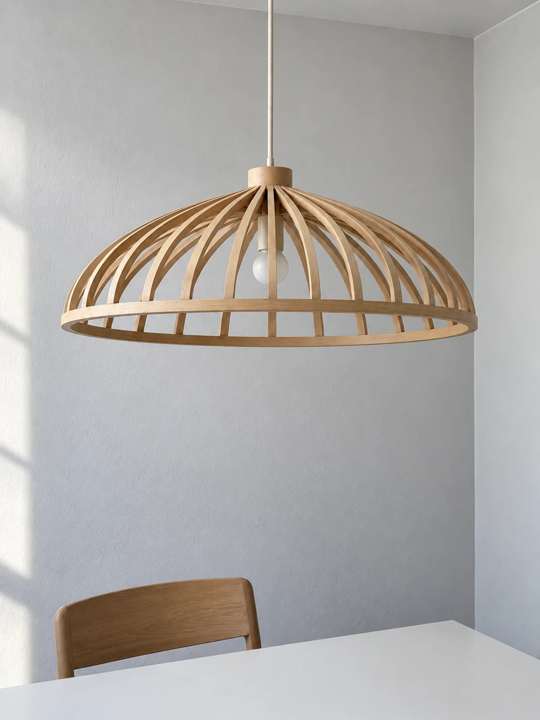 Halo oak ceiling pendant with a broad shallow silhouette
