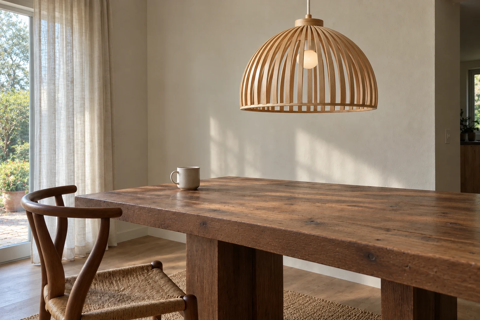 Oak pendant above a timber dining table in warm afternoon light