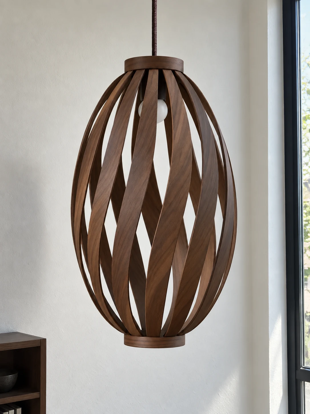 Ribbon walnut pendant with curved wooden slats