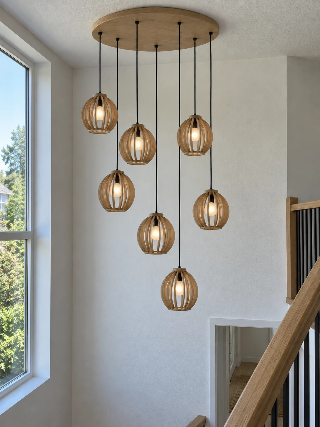 Scala 180 with seven oak shades suspended at different heights